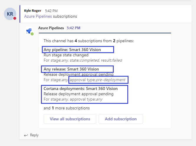 Microsoft Teams용 Azure Pipelines 앱에서 대량 구독을 만듭니다.