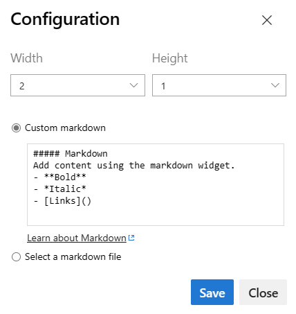 스크린샷은 Markdown 위젯 구성 대화 상자를 보여줍니다.