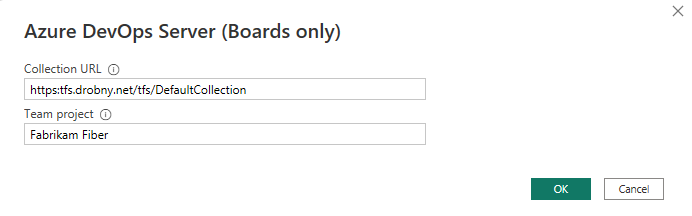 Azure DevOps 프로젝트 컬렉션 및 프로젝트 이름을 입력하는 Power BI, 대화 상자의 스크린샷