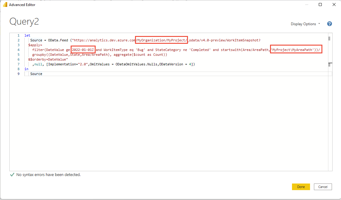 Power BI, 고급 편집기, 붙여넣은 쿼리의 스크린샷