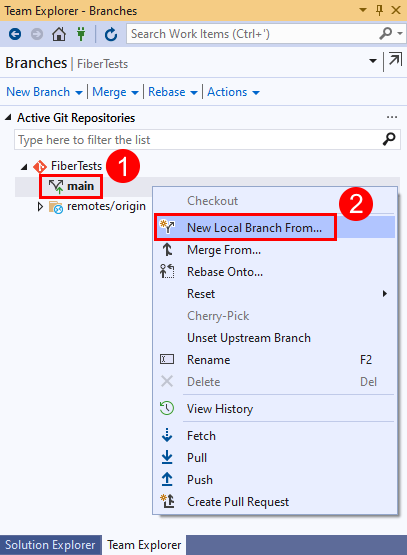 Visual Studio 2019에서 기본 분기의 상황에 맞는 메뉴에 있는 '새 로컬 분기 시작' 메뉴 옵션의 스크린샷