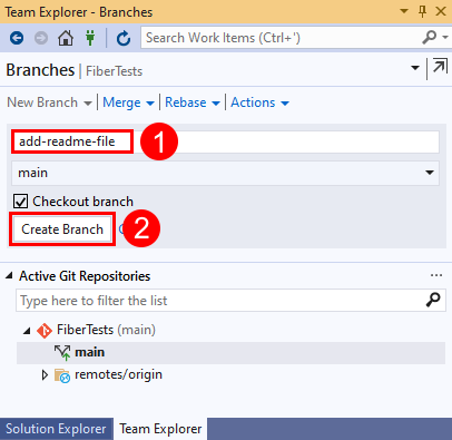 Visual Studio 2019의 분기 이름 텍스트 및 '분기 만들기' 단추 스크린샷