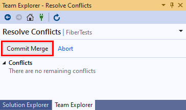 Visual Studio 2019 팀 탐색기의 충돌 해결 보기에 있는 병합 커밋 단추의 스크린샷