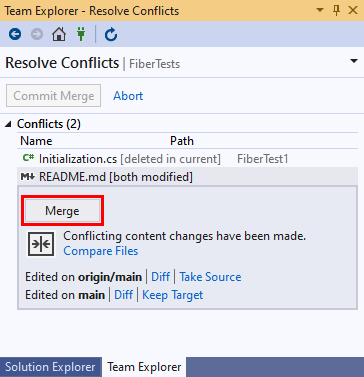 Visual Studio 2019 팀 탐색기의 충돌 해결 보기에 있는 병합 단추의 스크린샷
