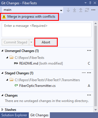 Visual Studio 2019의 Git 리포지토리 창에 있는 병합 충돌 메시지의 스크린샷