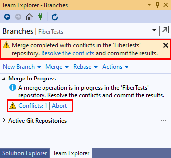 Visual Studio 2019 팀 탐색기의 분기 보기에 있는 병합 충돌 메시지의 스크린샷