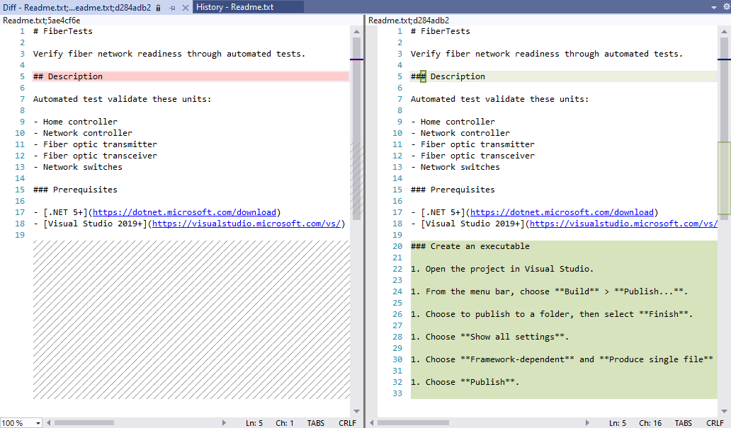 Visual Studio 2022의 파일 차이 보기 스크린샷