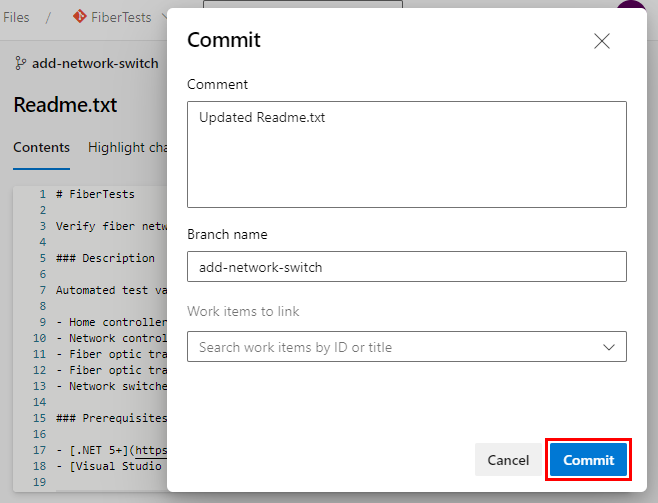 Azure Repos의 커밋 대화 상자 스크린샷.
