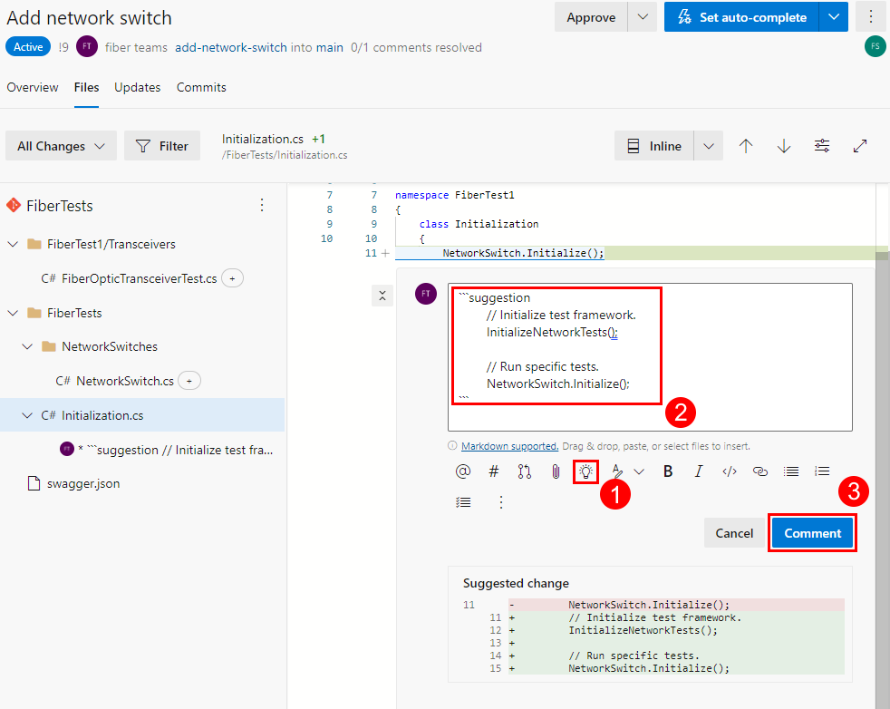 Azure Repos P R의 파일 탭에서 제안된 변경을 만드는 방법을 보여 주는 스크린샷