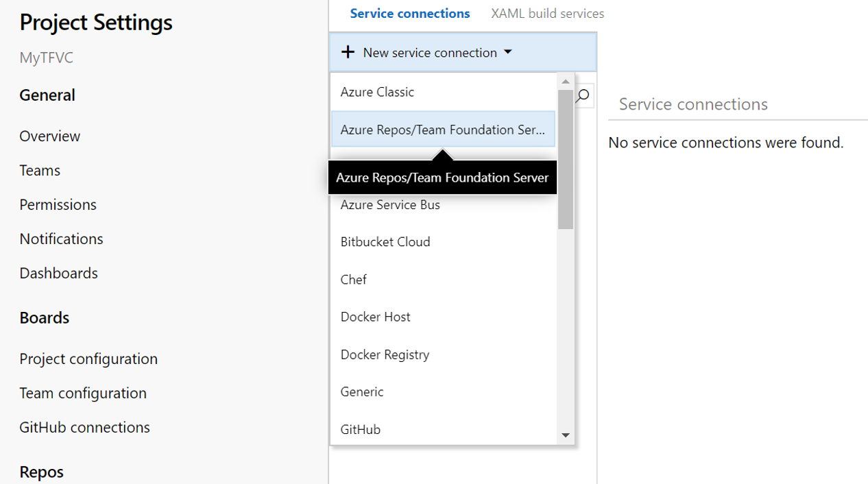 Azure Repos/Team Foundation Server 옵션이 강조 표시된 프로젝트 설정 페이지의 스크린샷