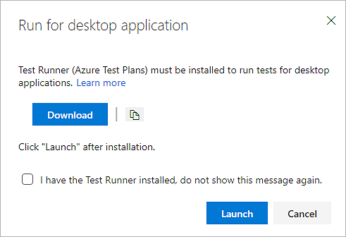스크린샷은 테스트 실행기를 다운로드하고 시작하는 옵션이 있는 데스크톱 애플리케이션 실행 대화 상자를 보여줍니다.