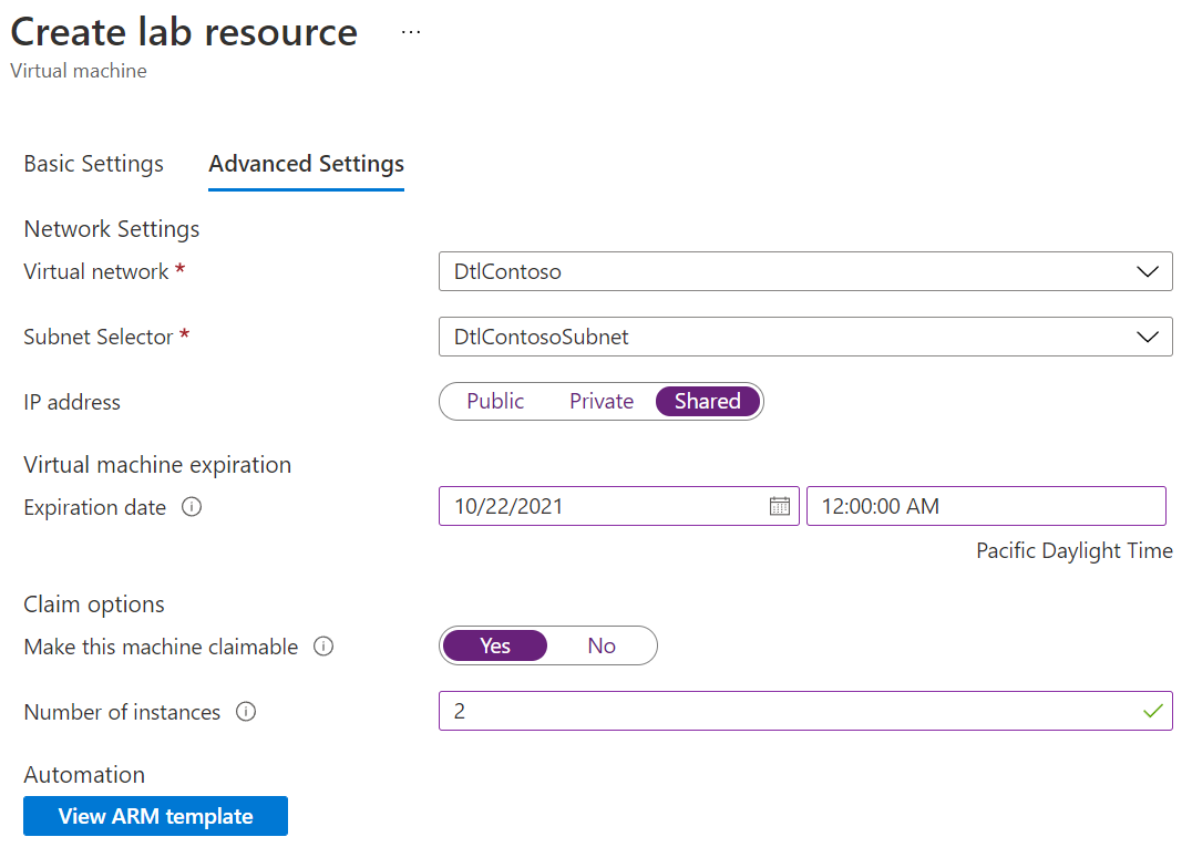 Virtual machine advanced settings page.