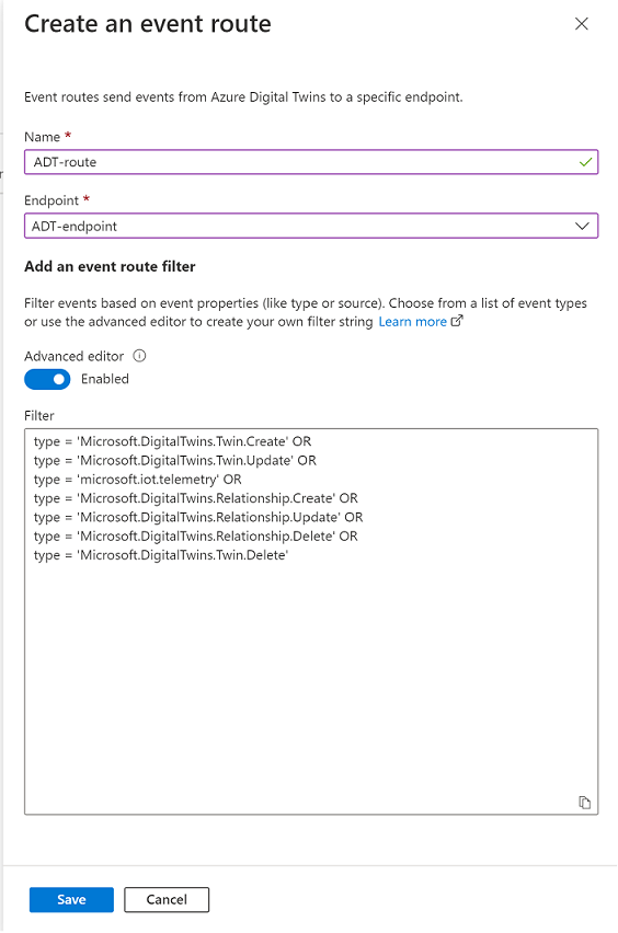 Azure Portal에서 고급 필터를 사용하여 이벤트 경로를 만드는 창의 스크린샷.