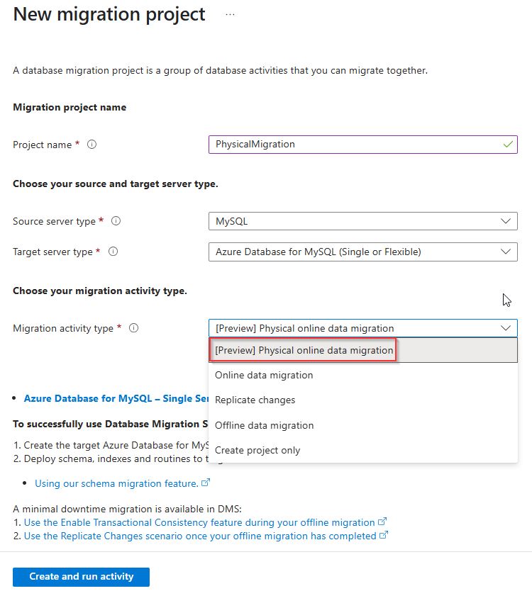 Screenshot of selecting a migration activity.