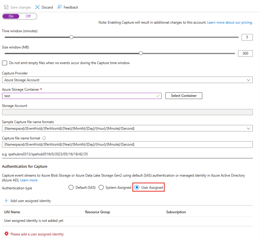 Azure Storage 또는 Azure Data Lake Storage로 Event Hubs 데이터 캡처를 보여주는 이미지