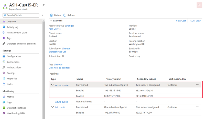 개인 피어링용으로 구성된 Ipv6 스크린샷