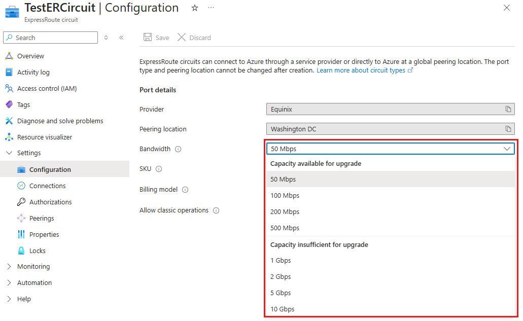 ExpressRoute 회로에 사용할 수 있는 대역폭 업그레이드의 스크린샷.
