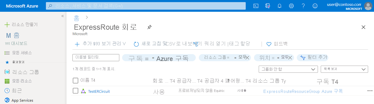 ExpressRoute 회로 목록의 스크린샷