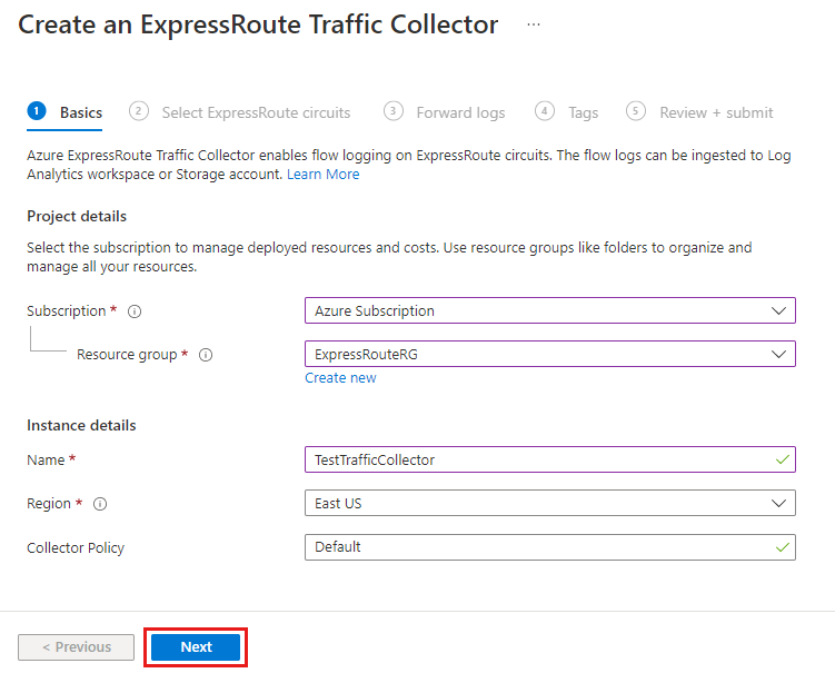 ExpressRoute Traffic Collector를 만들기 위한 기본 페이지 스크린샷.