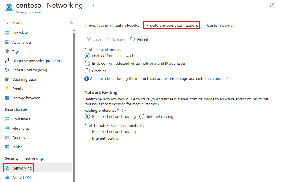 스토리지 계정 네트워킹 설정에 있는 프라이빗 엔드포인트 연결 탭의 스크린샷.