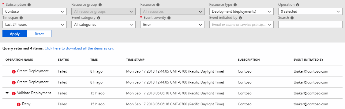 Azure Policy 작업 및 평가에 대한 활동 로그의 스크린샷.