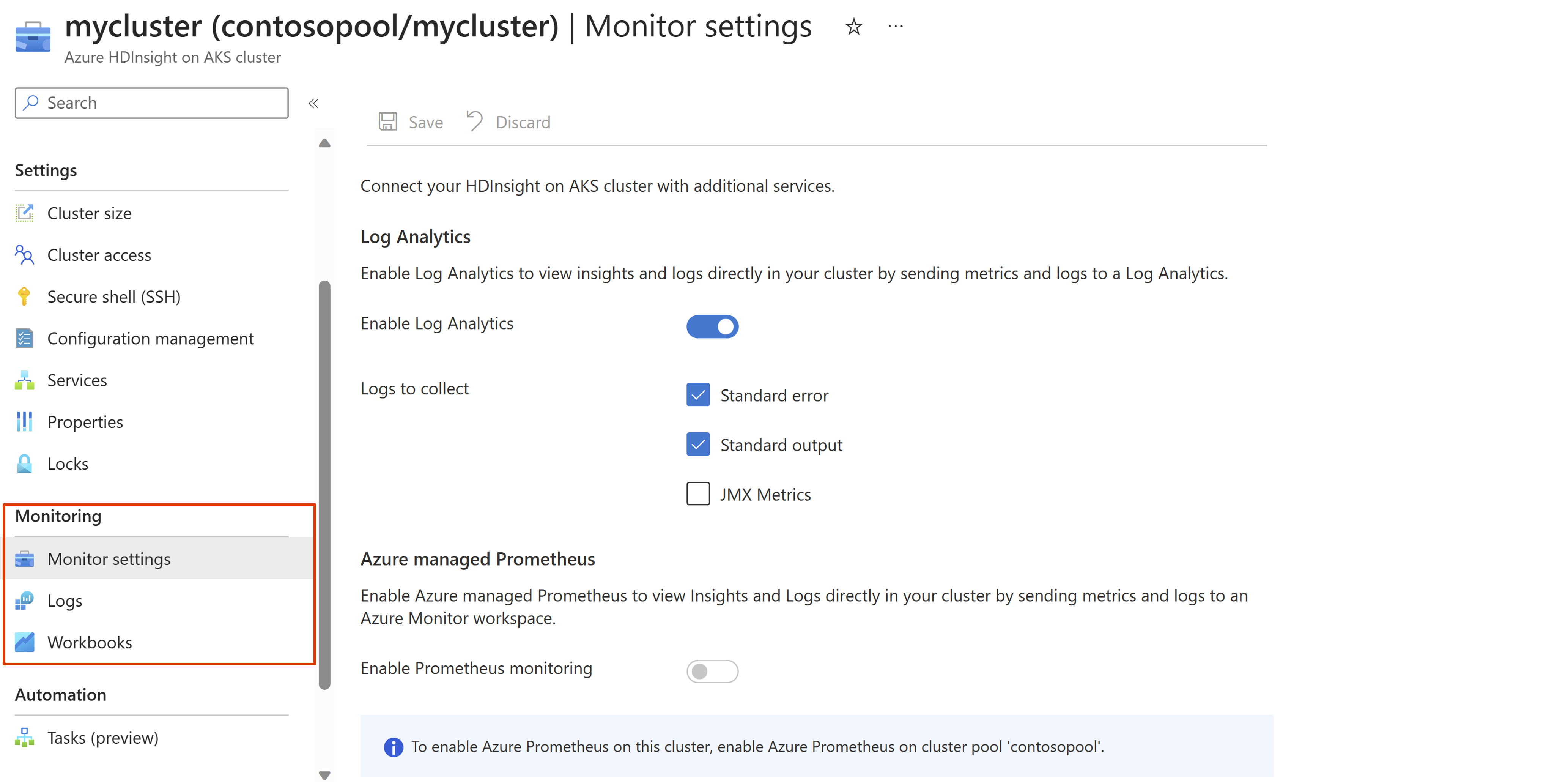 Azure Portal의 클러스터에 대한 모니터링 섹션을 보여 주는 스크린샷.