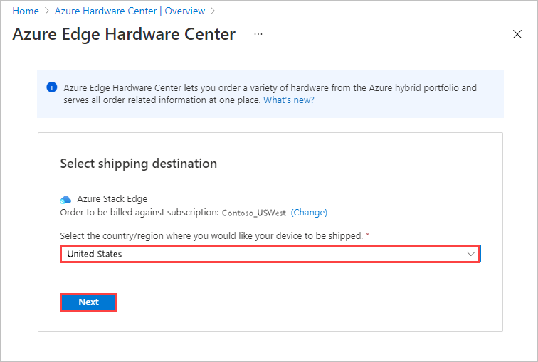 Azure Edge Hardware Center 주문의 배송지를 선택하는 스크린샷. 배송지 옵션 및 [다음] 단추가 강조 표시되어 있습니다.