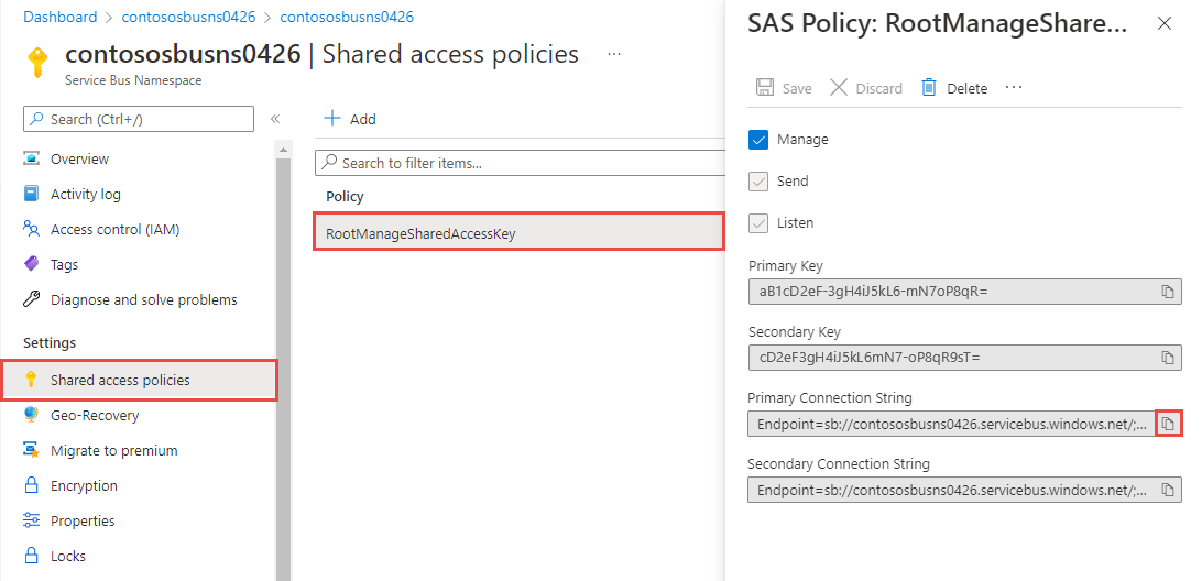 스크린샷은 키 및 연결 문자열을 포함하는 RootManageSharedAccessKey라는 SAS 정책을 보여줍니다.