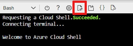 Azure Cloud Shell에서 파일을 업로드할 단추의 위치를 보여 주는 스크린샷.