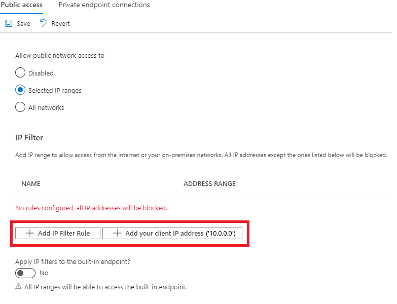 IoT 허브에 IP 필터 규칙을 추가하는 방법을 보여 주는 스크린샷