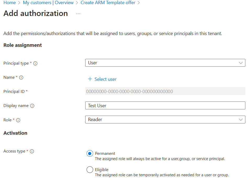 Azure Portal에 있는 권한 부여 추가 섹션 스크린샷