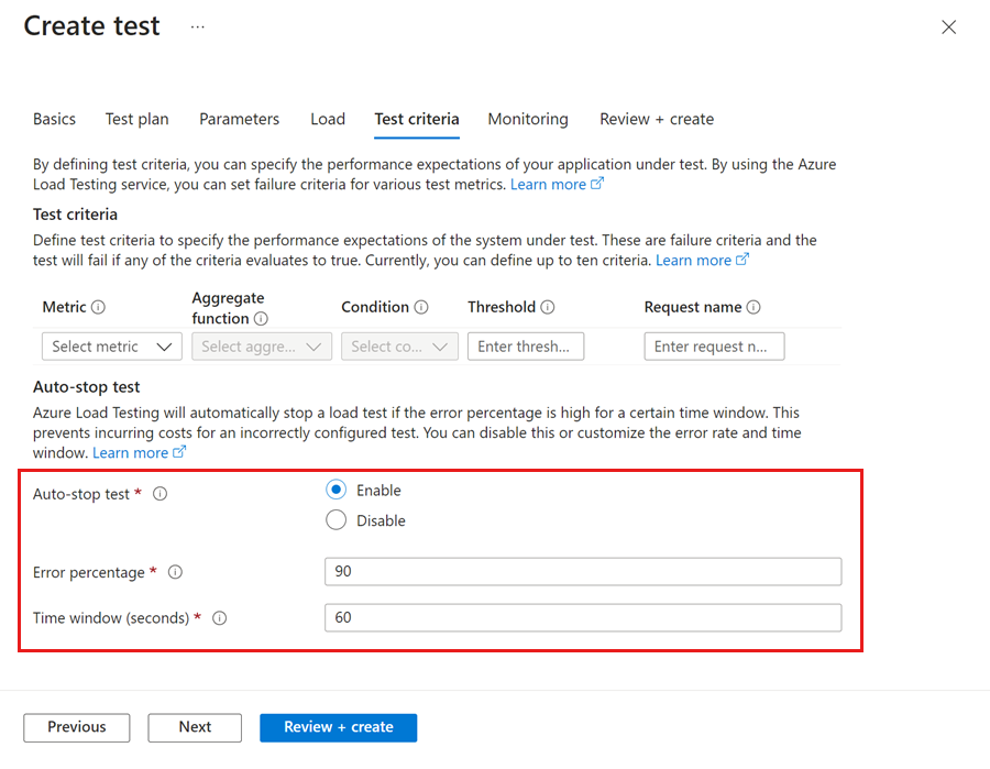 Azure Portal에서 자동 중지 기능을 강조 표시하는 부하 테스트에 대한 '테스트 조건' 창의 스크린샷.