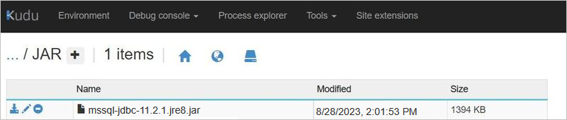 Screnshot showing Azure portal, Standard logic app resource, Kudu tool, and uploaded JDBC JAR library file.