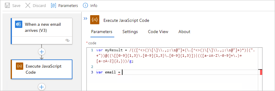 표준 워크플로, JavaScript 코드 실행 작업 및 변수를 만드는 코드 예를 보여 주는 스크린샷.