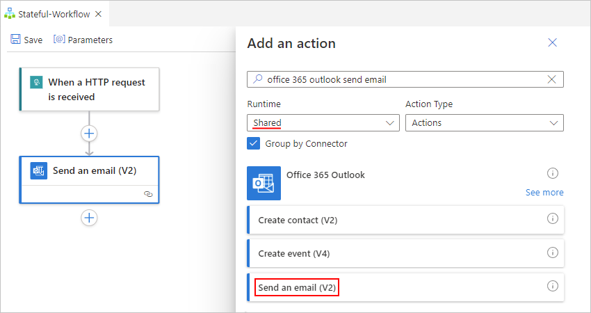 워크플로 디자이너 및 메일 보내기라는 Office 365 Outlook 작업이 선택된 작업 추가 창을 보여 주는 스크린샷