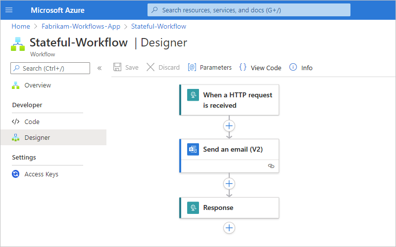 Visual Studio Code에서 배포된 워크플로 디자이너 및 워크플로를 보여 주는 스크린샷