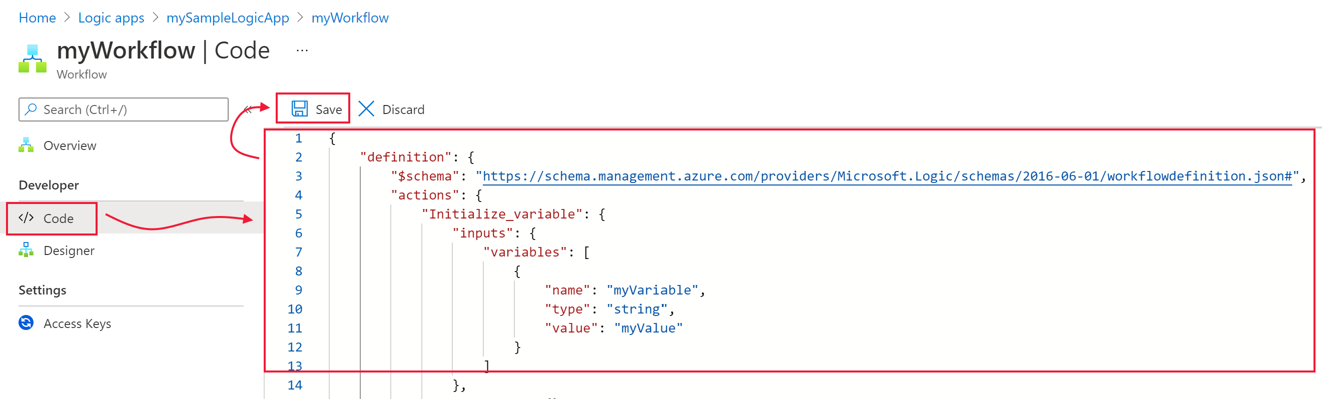 Azure Portal에서 편집 중인 JSON 워크플로 정의를 보여 주는 코드 보기의 논리 앱 워크플로 스크린샷.