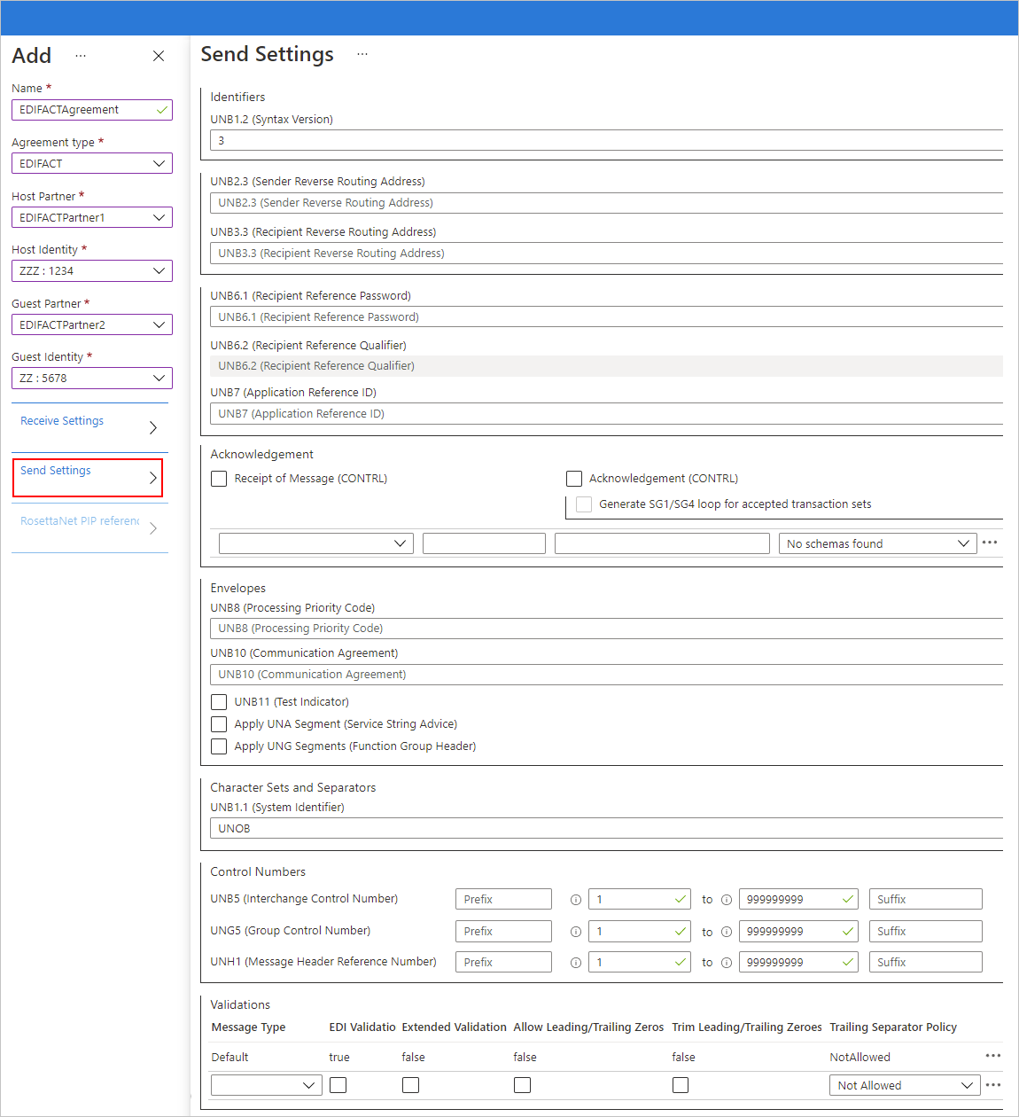 아웃바운드 메시지에 대한 Azure Portal 및 EDIFACT 규약 설정을 보여 주는 스크린샷