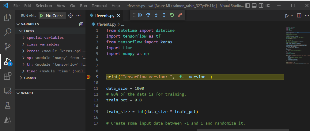 Visual Studio Code 편집기에 설정된 예제 중단점의 위치 스크린샷