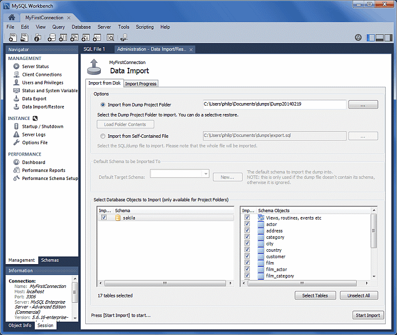 탐색기 창을 사용하여 MySQL Workbench에 데이터 가져오기 창을 표시하는 스크린샷