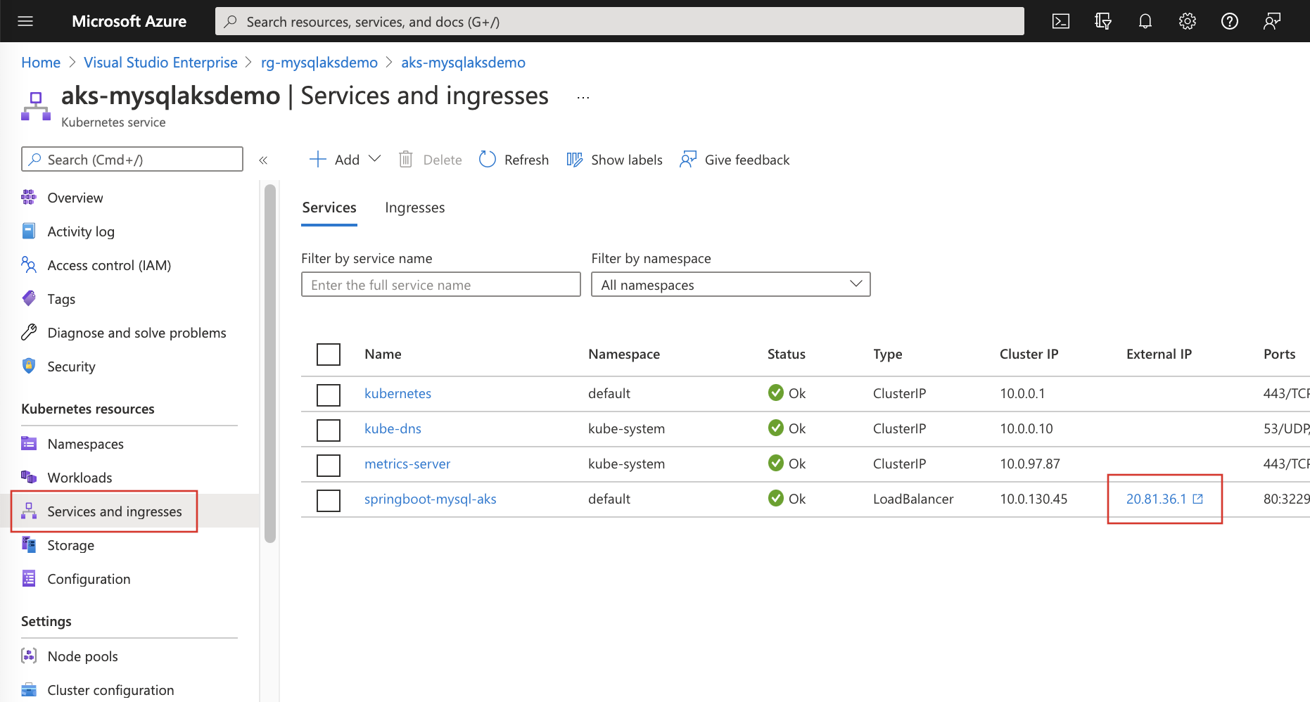 Azure Kubernetes 클러스터 서비스 외부 IP의 Azure Portal 보기를 보여 주는 스크린샷