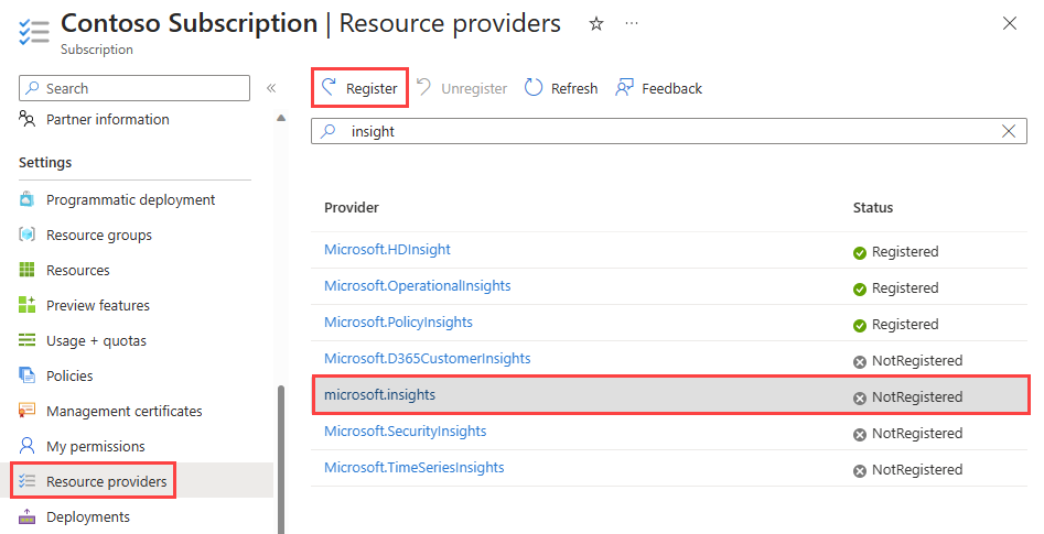 Azure Portal에서 Microsoft Insights 공급자를 등록하는 방법을 보여 주는 스크린샷