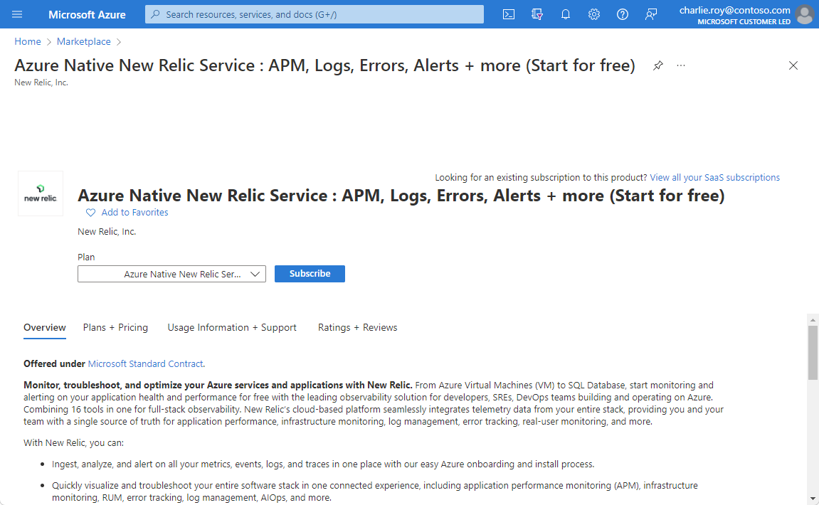 Azure Marketplace의 Azure Native New Relic 서비스를 보여 주는 스크린샷.