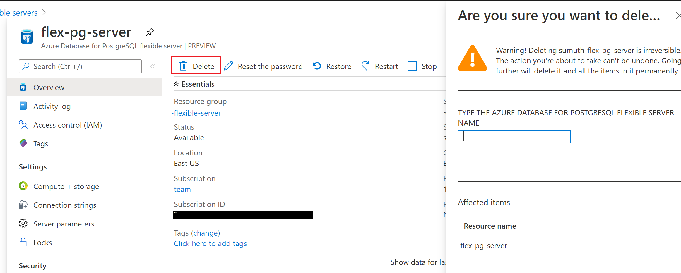 Azure Database for PostgreSQL 유연한 서버 인스턴스를 삭제합니다.