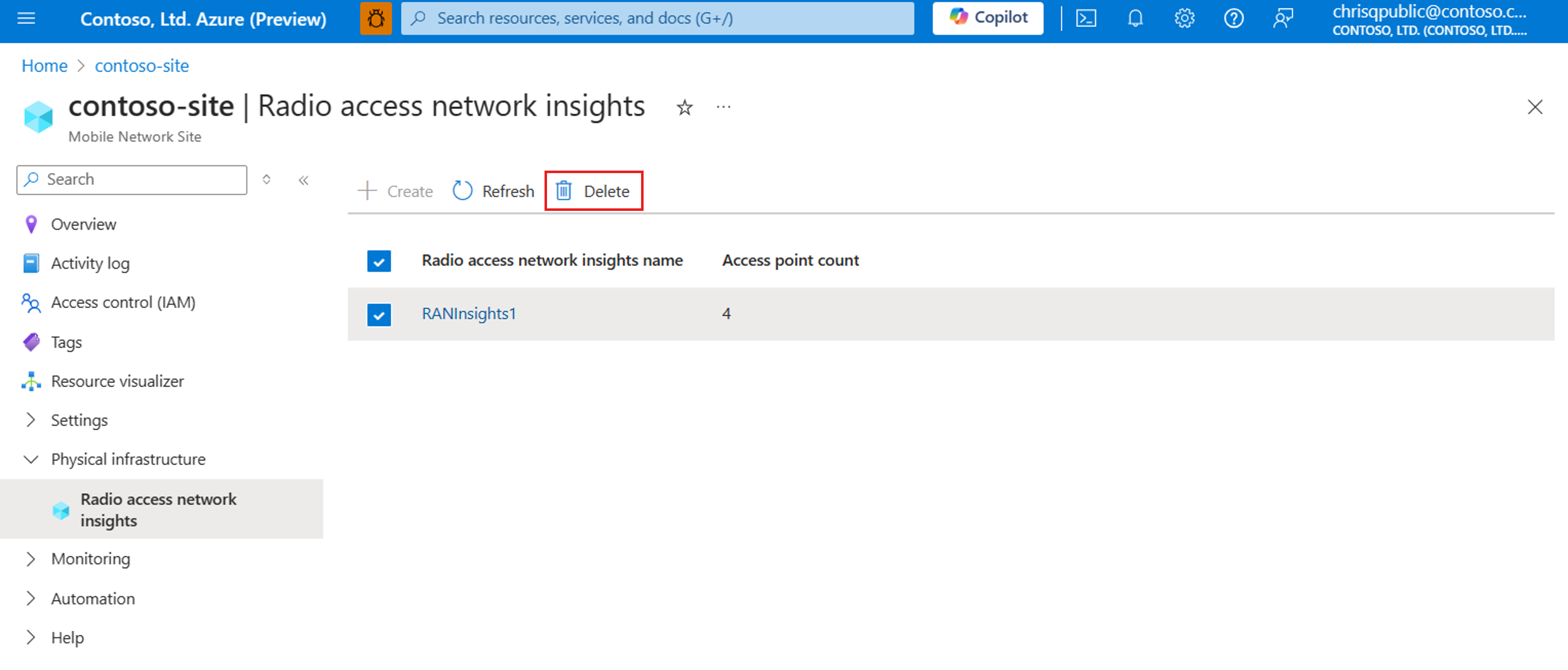 사이트 리소스에서 RAN 인사이트 리소스 삭제를 보여 주는 Azure Portal의 스크린샷