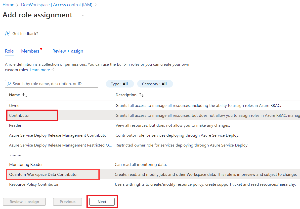 Azure Quantum 작업 영역에 기여자를 만드는 방법을 보여 주는 스크린샷