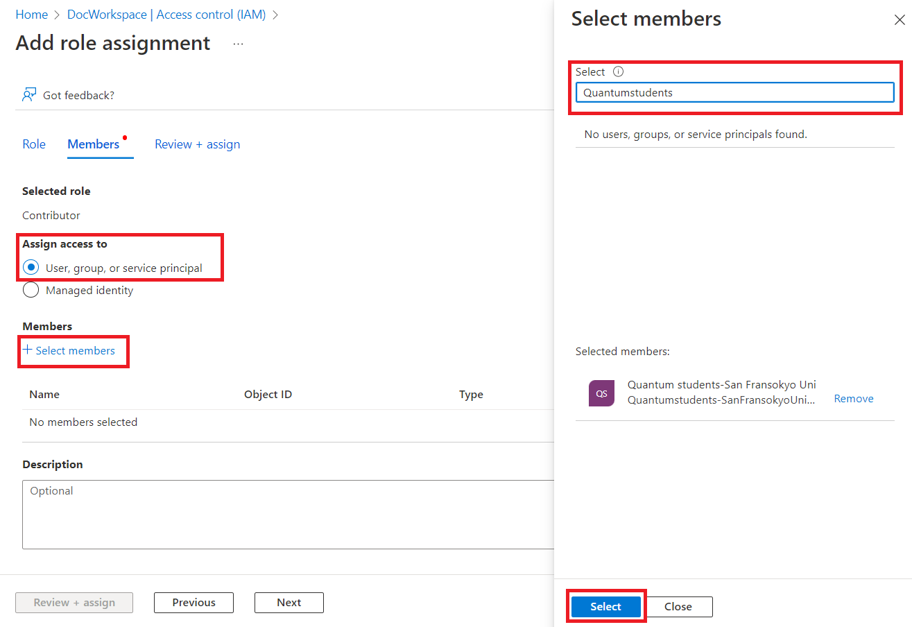 Azure Quantum 작업 영역에 추가할 그룹을 선택하는 방법을 보여 주는 스크린샷.