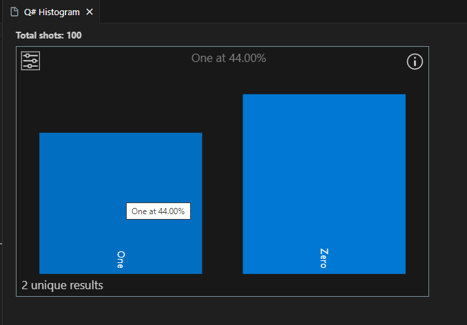 Visual Studio Code의 Q# 히스토그램 창을 스크린샷으로 표시합니다.