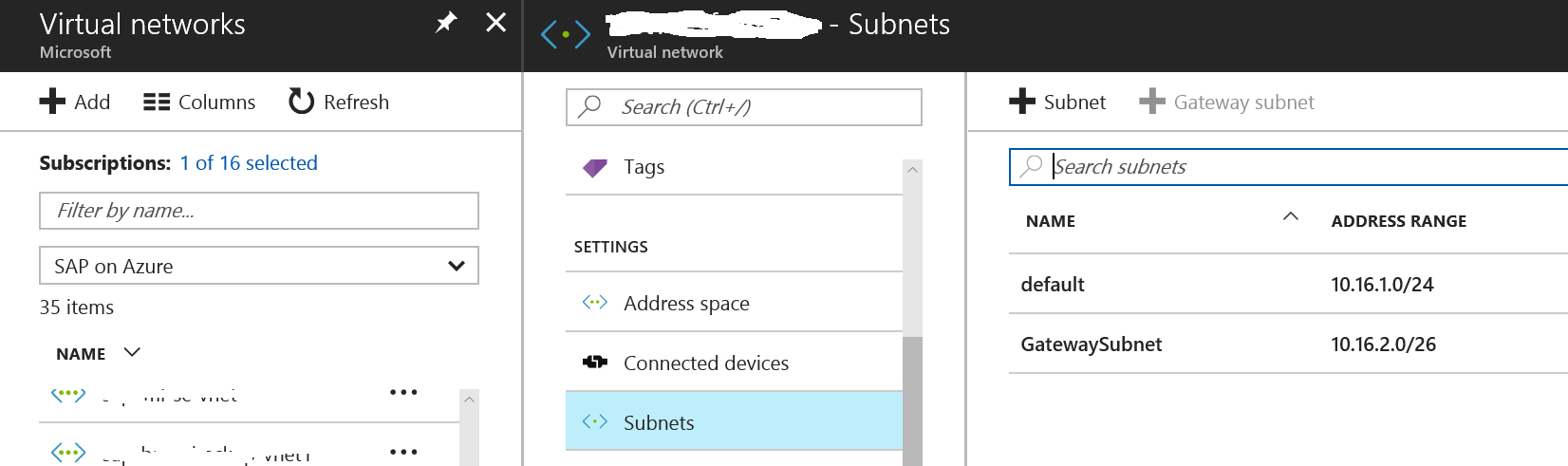 Azure Virtual Network 서브넷 및 해당 IP 주소 범위