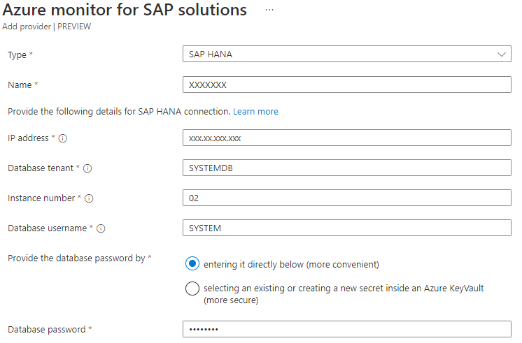 Diagram that shows the Azure Monitor for SAP solutions resource creation page in the Azure portal, showing all required form fields.